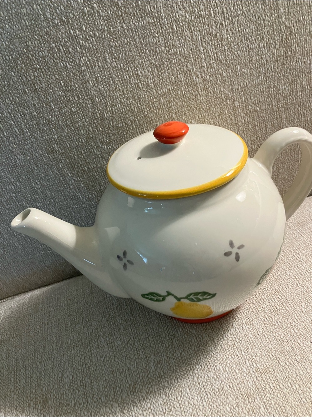Laura Ashley White Ceramic Teapot with Yellow Rim and Orange Knob